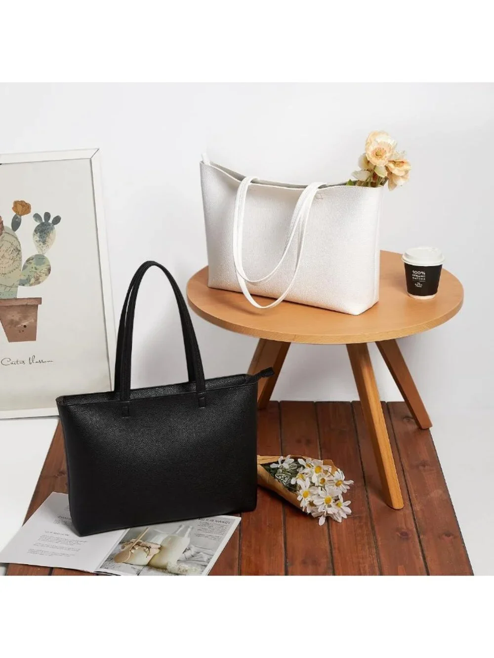 Stylish Vegan Leather Tote Bag with Zipper - Versatile Shoulder Satchel for